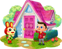 Mimmi und ein Spieler vor einem Haus