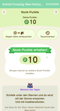 Nook-Punkte und Weisheit des Tages